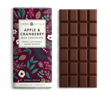 A milk chocolate bar combined with apple and cranberry for a sweet and tart flavor profile.
